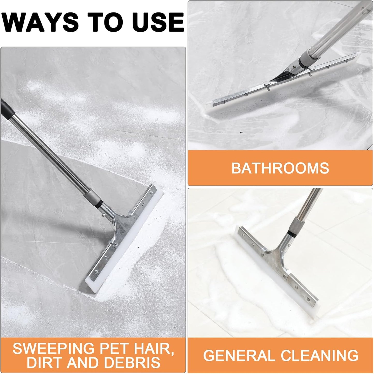 Floor Squeegee for Concrete Floor, 16" Large Heavy Duty Squeegee for Floor, Rubber Broom with 61" Long Handle - Ideal for Bathroom Tile, Garage Concrete, Deck, Shower Glass, Window Cleaning