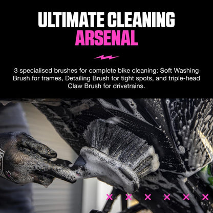 Muc-Off 220 3 Piece Premium Brush Kit - Includes 3 Bike Cleaning Brushes With Durable Nylon Bristles And Ergonomic Rubberised Handles To Minimise Impact