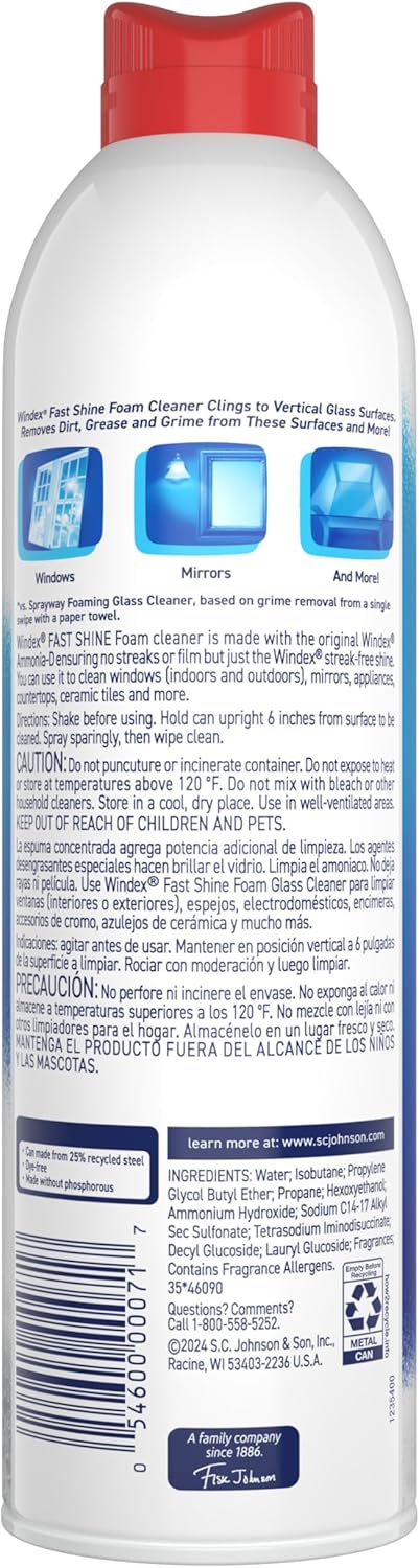 Windex Fast Shine Foam Glass Cleaner, No-Drip Windows, Doors, Mirrors & Countertops Aerosol Cleaning Spray, Streak-Free Shine, Removes Fingerprints, Dust, Dirt, Grime & More 19 oz (Pack of 1)