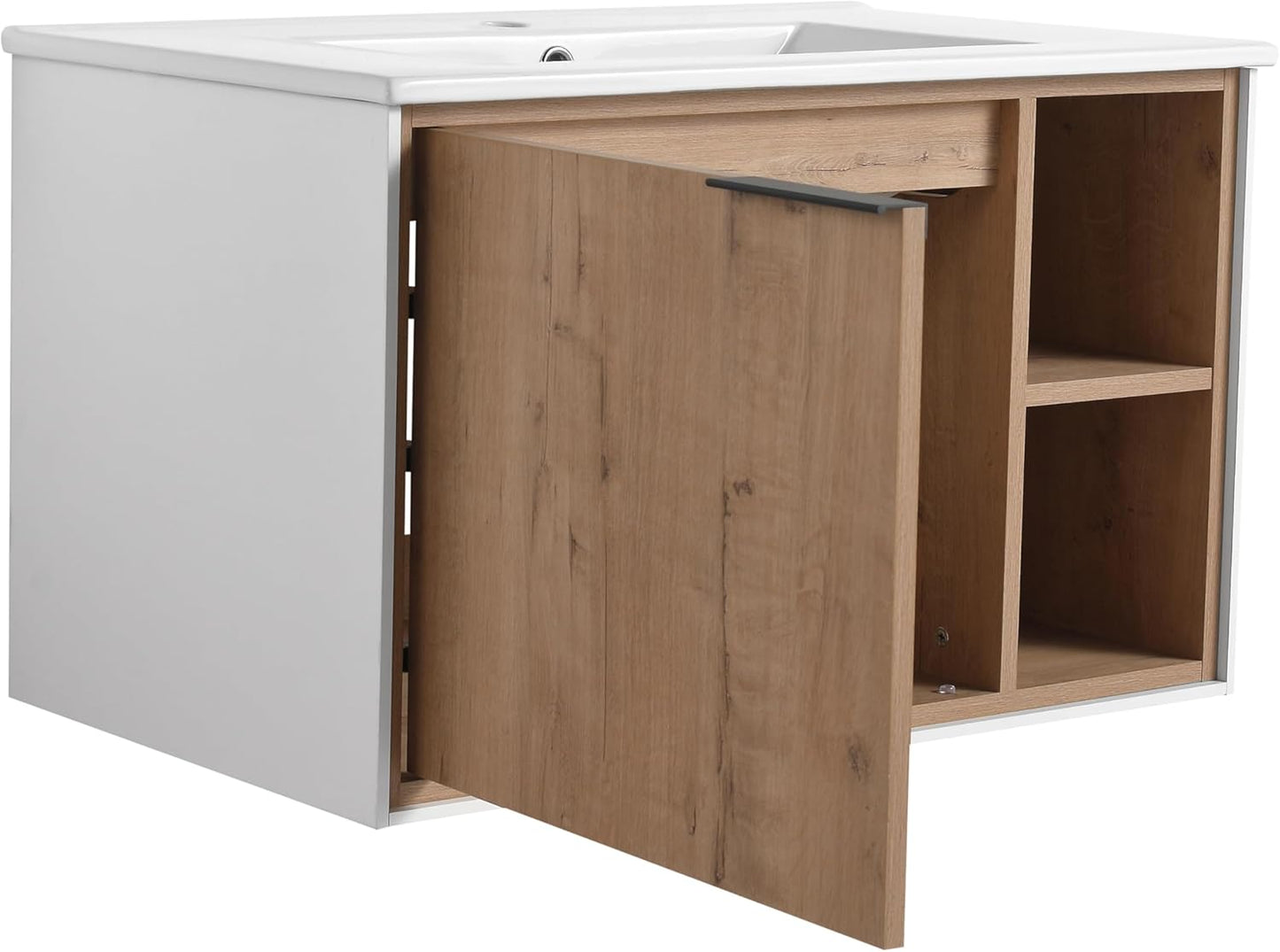SSLine Modern 24-Inch Bathroom Vanity with Sink Wall Mounted Bathroom Vanity with Top Basin & Storage Cabinet White Wood Floating Vanity w/Ceramic Sink & Gold/Black Handles for Small Space