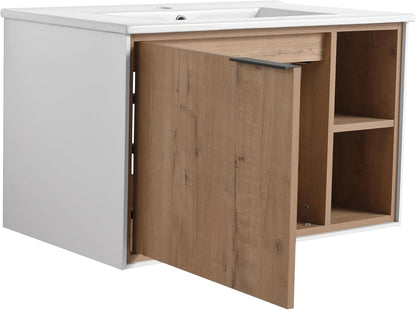SSLine Modern 24-Inch Bathroom Vanity with Sink Wall Mounted Bathroom Vanity with Top Basin & Storage Cabinet White Wood Floating Vanity w/Ceramic Sink & Gold/Black Handles for Small Space