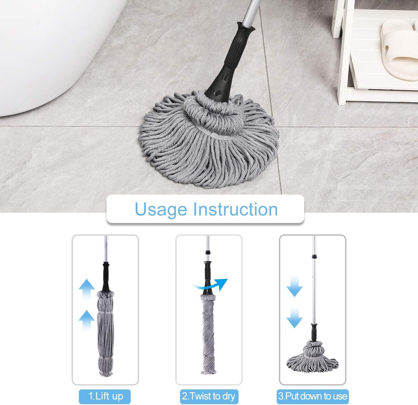 Eyliden Mop with 2 Reusable Microfiber Heads, Easy Wringing Twist Mop, 57.5 inch Long Handle, Wet Mops for Floor Cleaning, Commercial Household Clean Hardwood, Vinyl, Tile, and More (White)