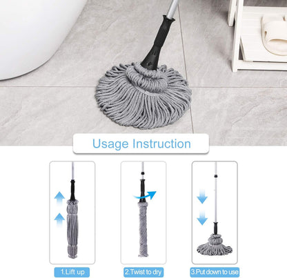 Eyliden Mop with 2 Reusable Microfiber Heads, Easy Wringing Twist Mop, 57.5 inch Long Handle, Wet Mops for Floor Cleaning, Commercial Household Clean Hardwood, Vinyl, Tile, and More (White)