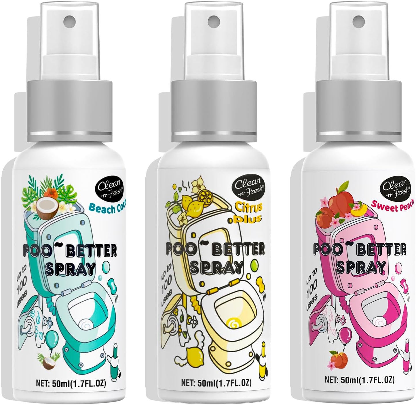 Clean-n-Fresh Toilet Spray, Variety Pack of 3 - Citrus/Lavender/Hibiscus, Bathroom & Toilet Odor Elimination, Travel Size 1.7 Fl Oz Each, Total 5.1 Fl Oz