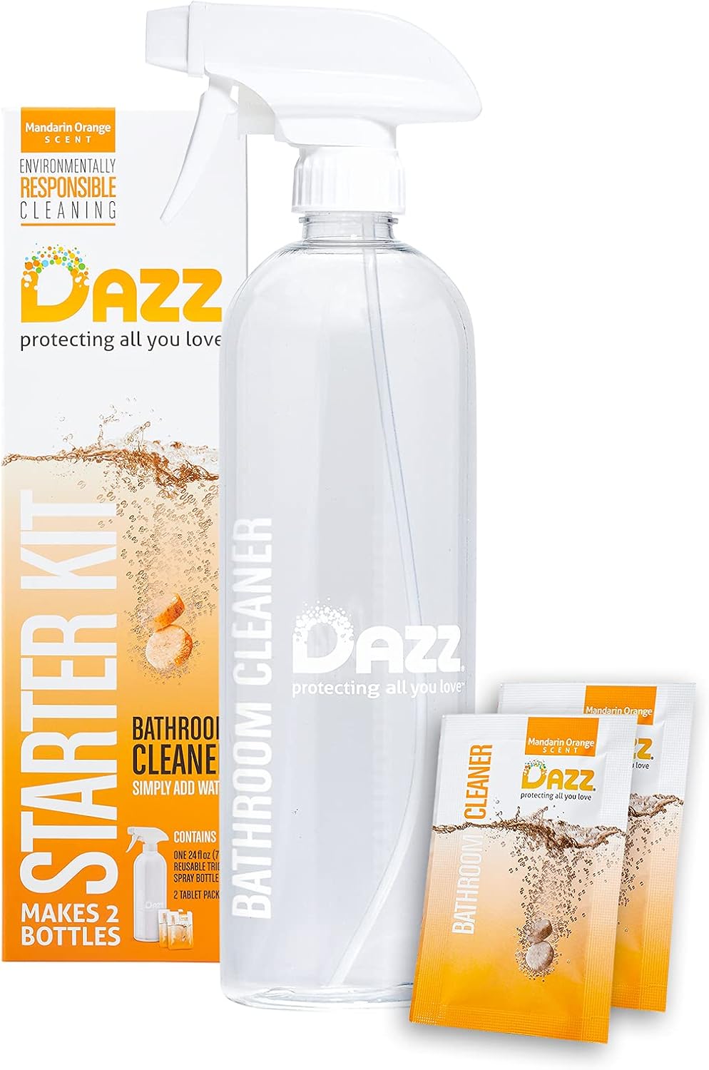 Dazz Bathroom Cleaner Starter Kit (1 Reusable Spray Bottle, 2 Refills) Tile, Tub Shower, Countertop and Bathroom Surfaces - All Natural, Eco Friendly, Non Toxic - Safe for Kids & Pets