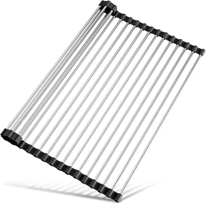 Tomorotec 17.7" x 15.5" Roll Up Dish Drying Rack Over Sink Drying Rack Sink Cover Kitchen Sink Accessories Gadget Multipurpose Organizer Foldable Stainless Steel Drainer (Grey)