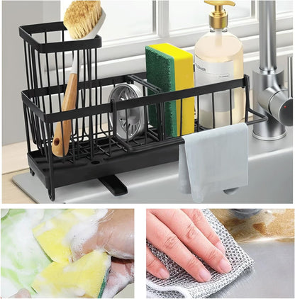 5 in 1 Sponge Holder for Kitchen Sink, Rustproof Stainless Steel Sink Caddy with Washing Cloth & Adhesive Hooks, Kitchen Sink Organizer with High Brush Holder and Soap Holder for Kitchen Sink