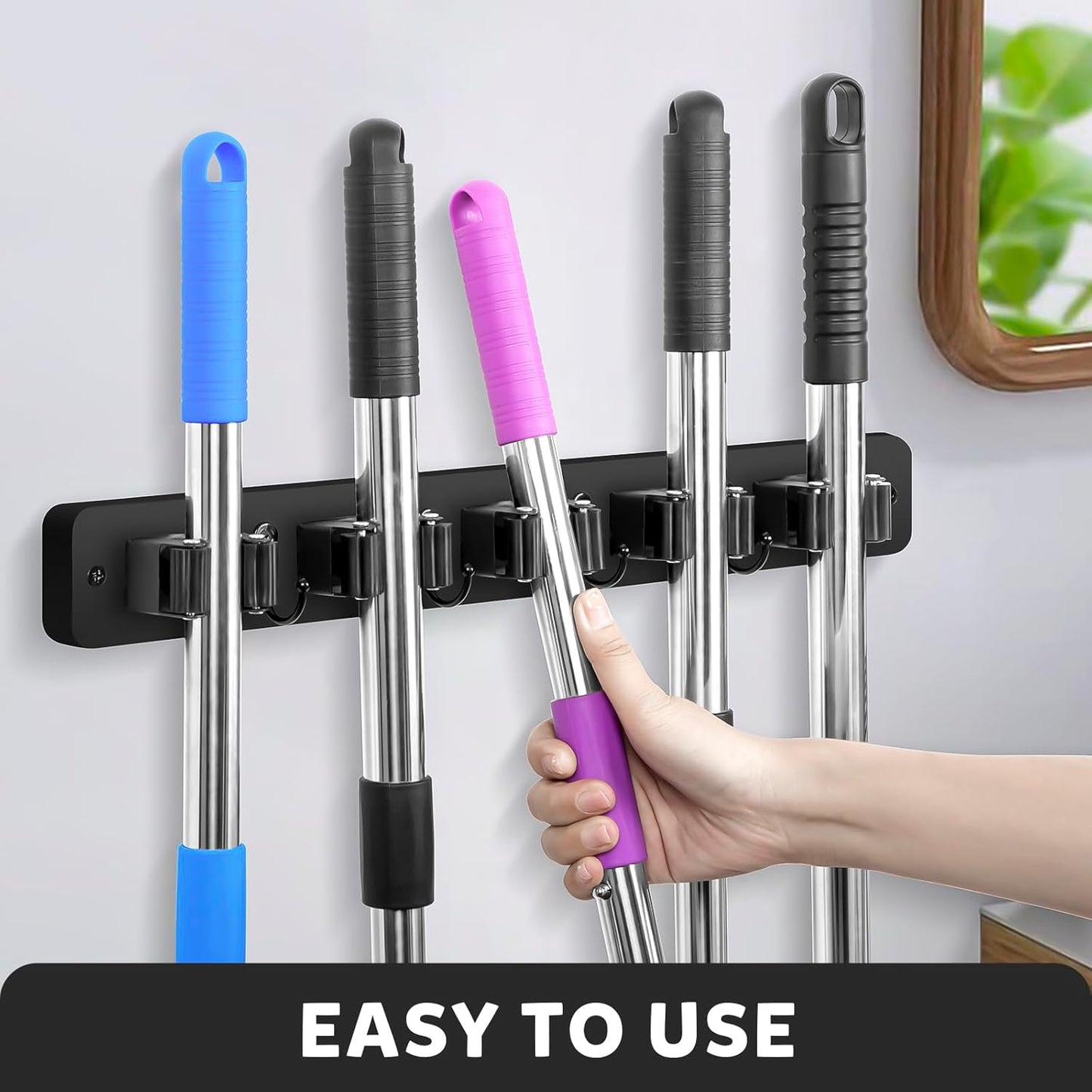 IMILLET Broom Holder Wall Mount, Rustic Wood Broom Hanger with 5 Racks and 4 Hooks, Laundry Room Organization and Storage, Mop Holder for Home Decor, Garden, Garage, Kitchen, Closet