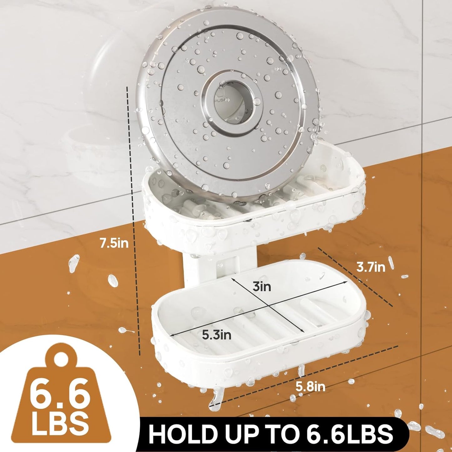 LEVERLOC Soap Holder Shower with Hooks, Bar Suction Cup Soap Dish Tray for Wall, Rust-Proof Stainless Steel Sponge Caddy for Bathroom Accessories Organizer Bathtub Kitchen Sink, Black