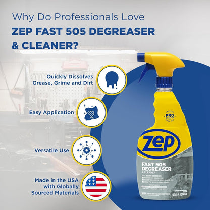 Zep Fast 505 Cleaner and Degreaser - 32 oz (Case of 2) ECZU505322 - Fast Acting, Removes Oil, Grease, and Dirt from Tools, Decks, Grills, Plastic, and Even Grease-Stained Laundry