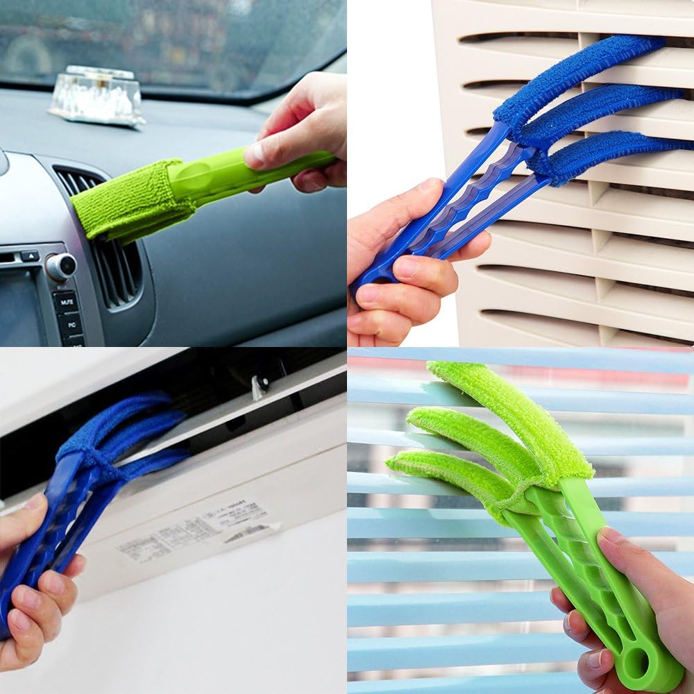 SENHAI Duster, Set of 2 Microfiber Cleaner Brush for Window Blinds, Air Conditioner, Vent, with 2 Extra Sleeves, Blue & Green, ABS Material