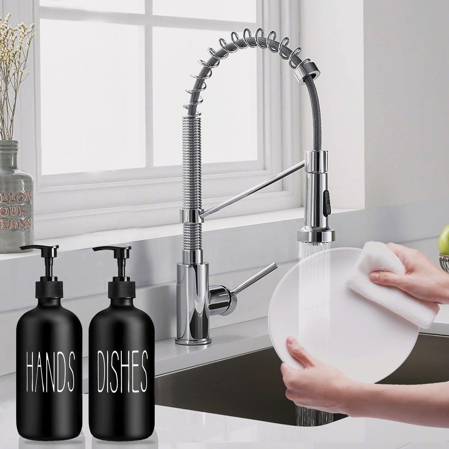 COHOSEGE Glass Soap Dispenser Set 2 Pack,Contains Hand and Dish Soap Dispenser.Premium 16 Oz Black Kitchen Soap Dispenser Set for Kitchen Sink and Farmhouse Decor