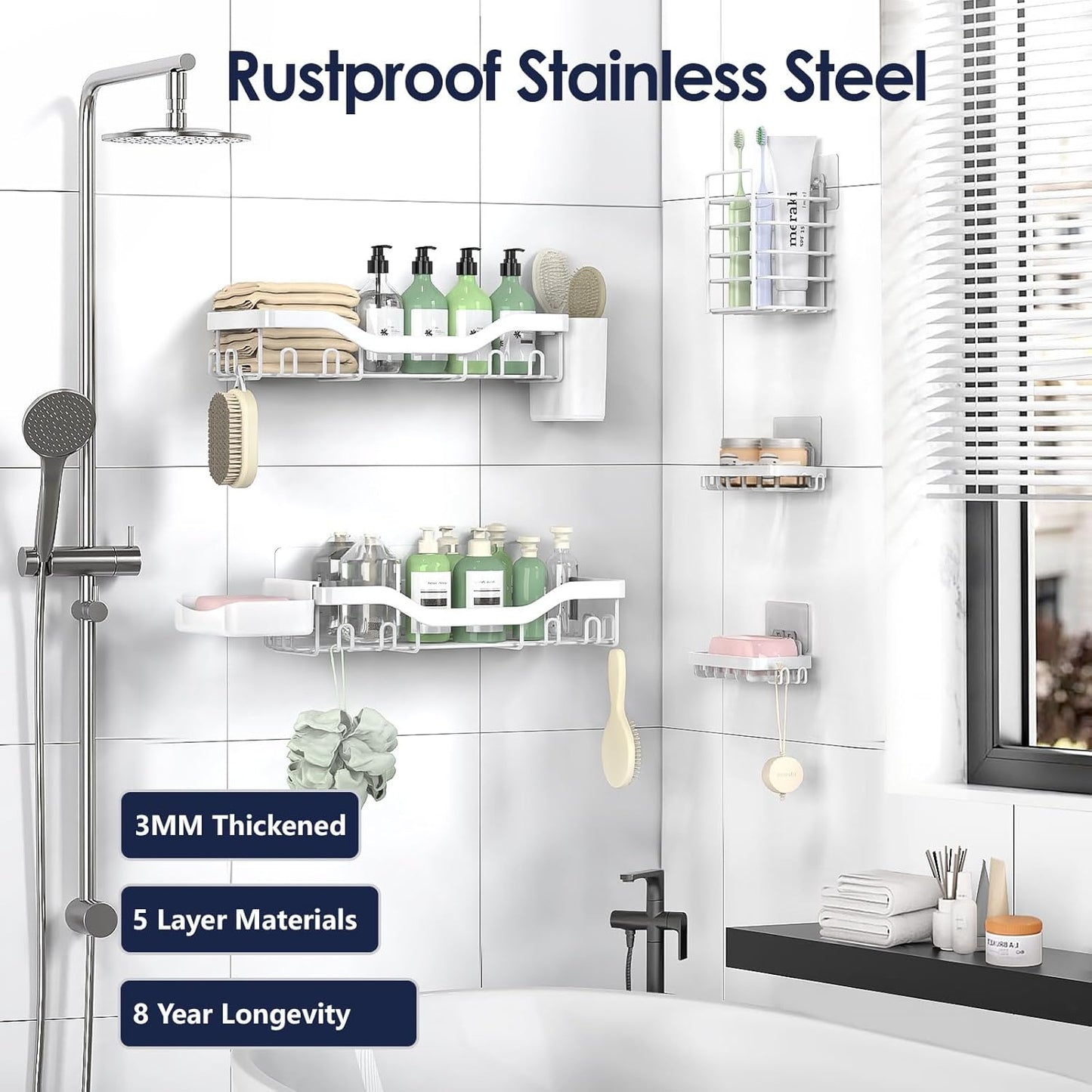 NESOMI Shower Caddy Adhesive Shower Organizer 7-Pack, Rustproof Stainless Steel Bathroom Shelves, Large Capacity No-Drill Rack Storage Accessories with Soap Dish Toothbrush Holder &24 Hooks Home Decor