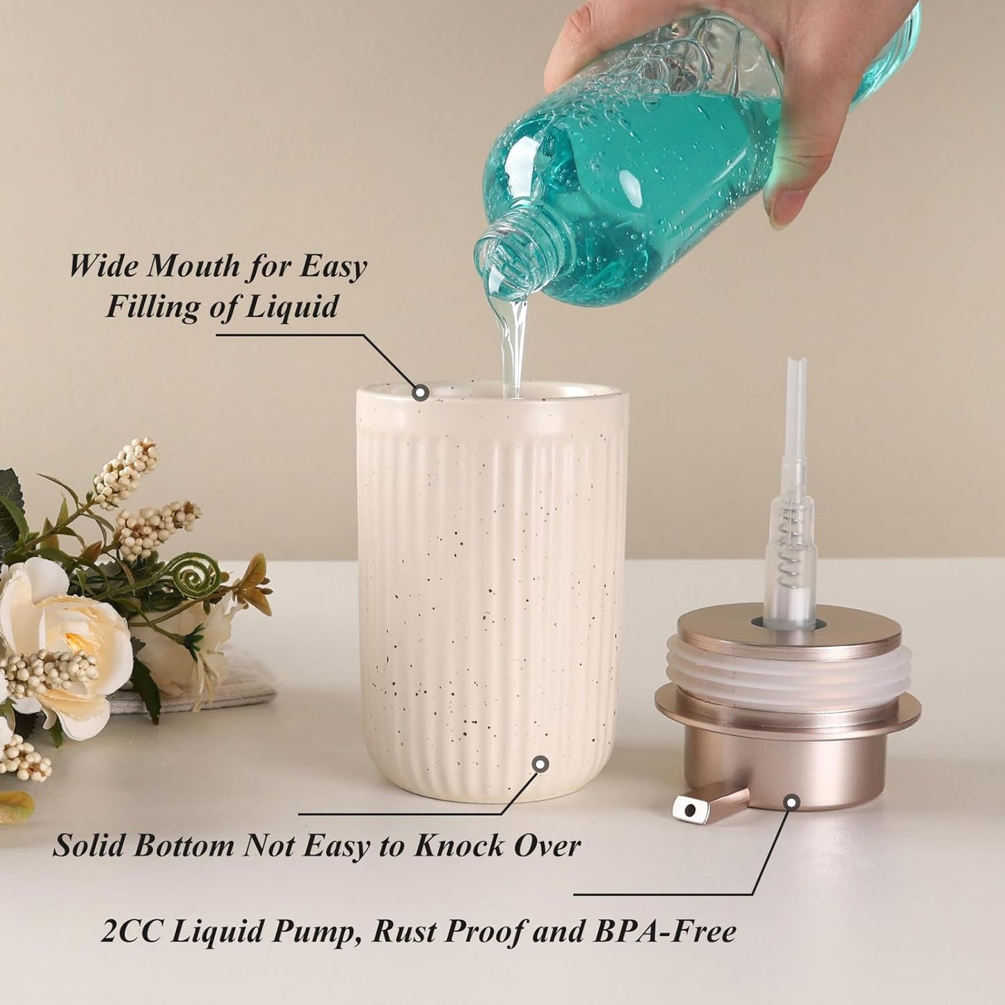 BosilunLife Dish Hand Soap Dispenser - Liquid Pump Soap Dispenser for Bathroom Decro 12oz Ceramic Kitchen Dish Dispenser with Rust-Proof Liquid Pump Modern Refillable Lotion Bottles