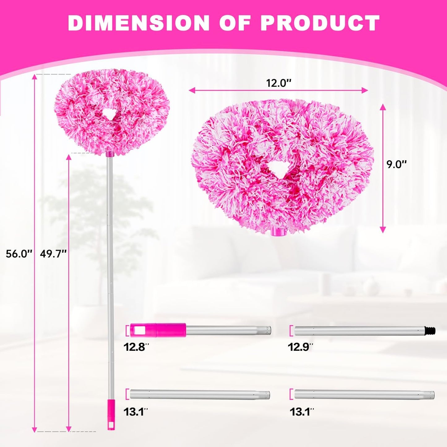 Ceiling Fan Cleaner Duster Reusable Microfiber Ceiling Fan Blade Cleaner Removable Duster with Extension Pole Adjusts 13 to 49.7 Inch for Cleaning Walls Bookshelves Furniture Door Window Top (Blue)