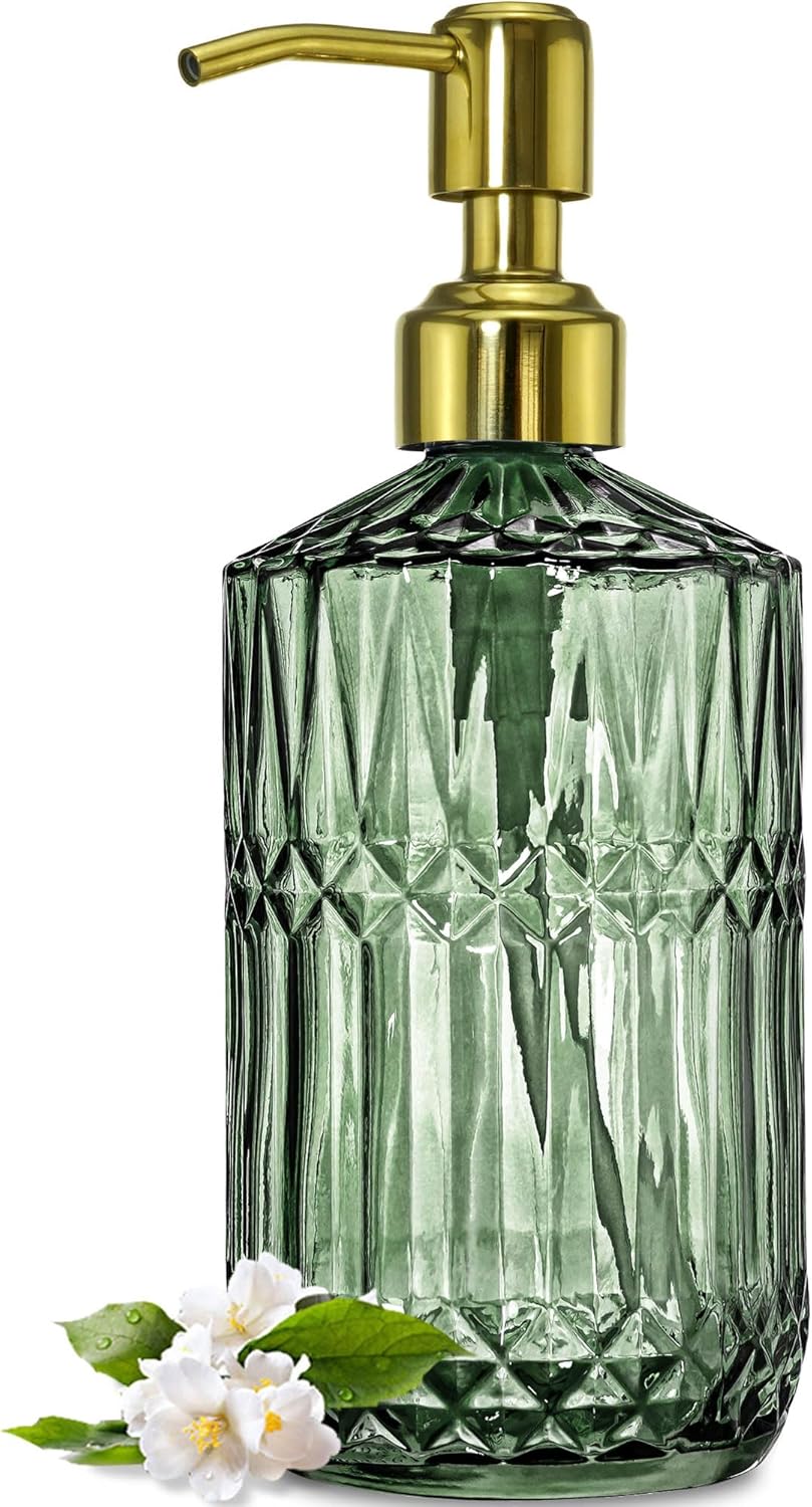 JASAI 2Pack 18Oz Green Glass Soap Dispenser with Gold Rust Proof Pump, Refillable Dish Soap Dispenser for Kitchen, Bathroom Soap Dispenser for Hand soap, Lotion, Body Wash, Dish Soap.