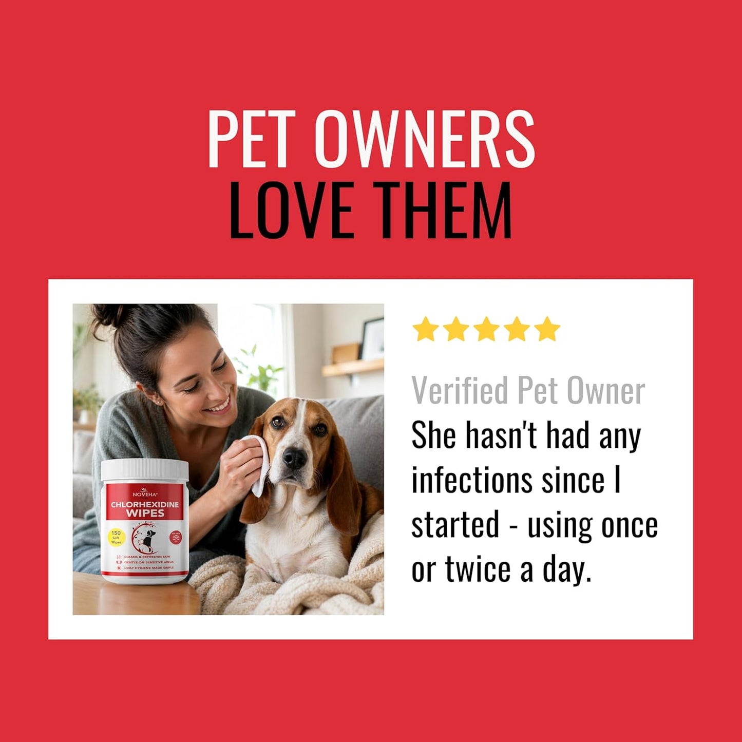 NOVEHA 120PCs XL Formulated Pet Wipes for Dogs & Cats - Safe for Facial & Finger Folds, Underarms, Groin, Hot Spots, Redness & Skin Relief, On-the-Go Size 5.5" x 7"