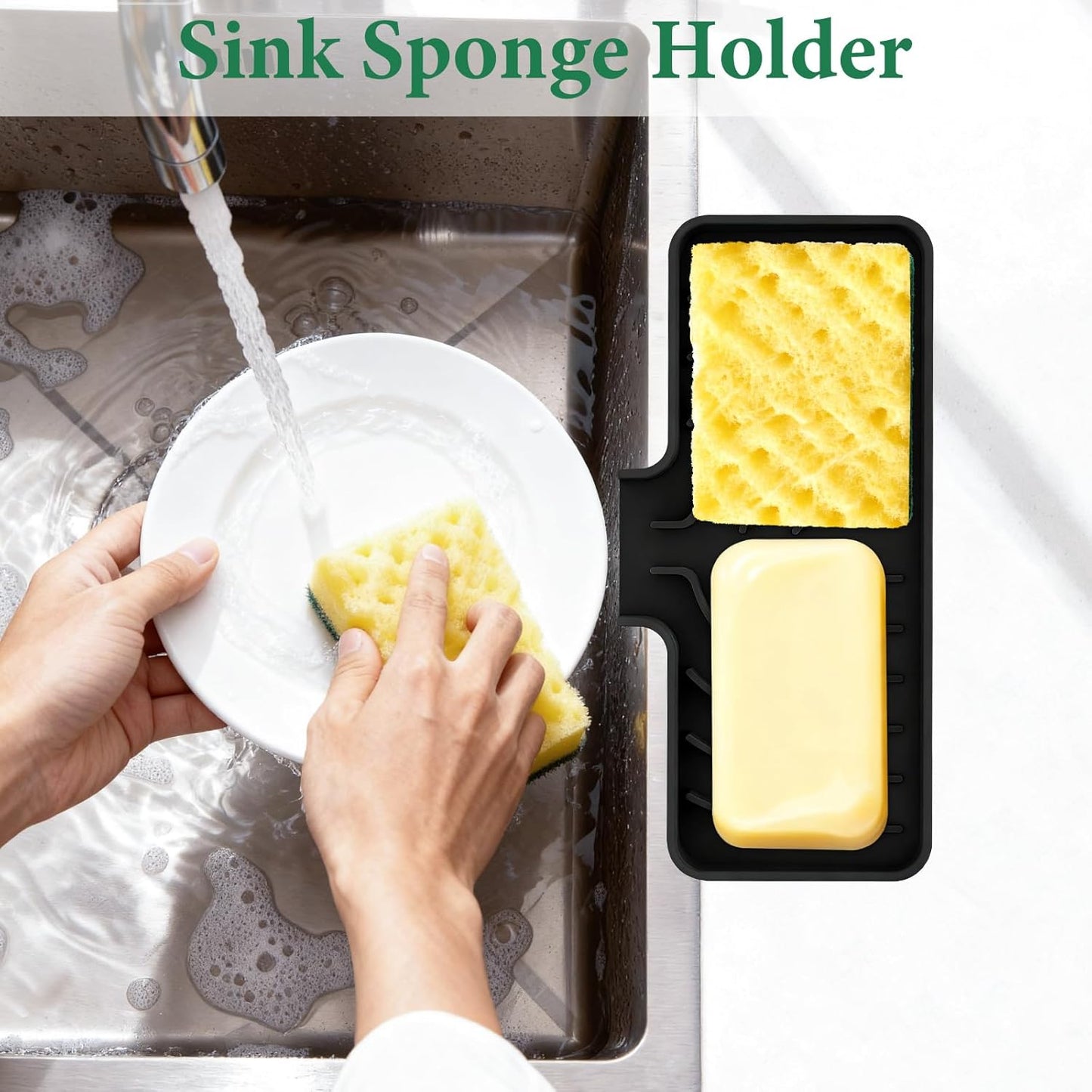 GUUKIN Sponge Holder for Kitchen Sink, Sink Caddy and Soap Tray | 10x4 inch Kitchen Sink Organizer | Compatible with Scrub Daddy, Kitchen Sink Accessories (Grey)