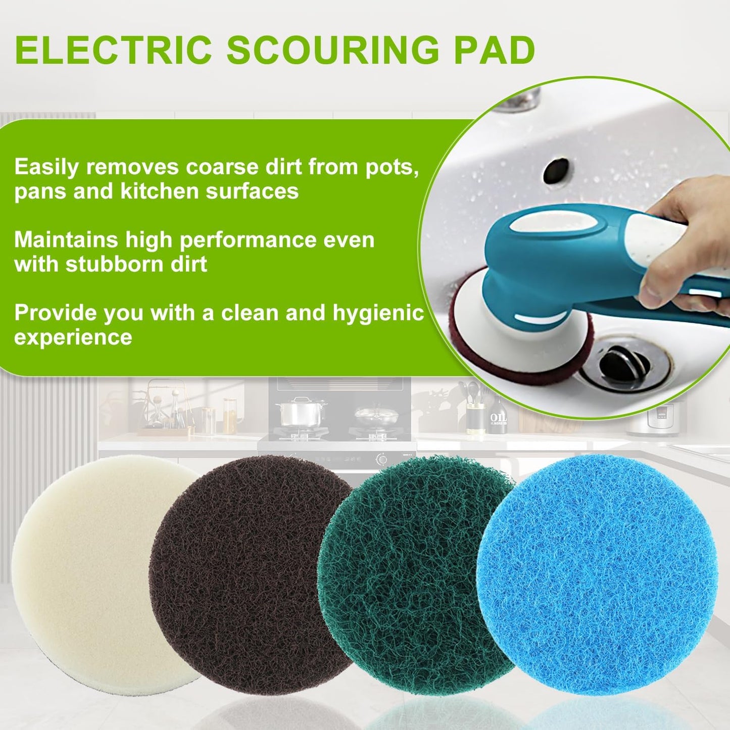 16pcs Kitchen Pads Power Scrubber Pads Set Electric Scrubber Replacement Scouring Pads fit for Dremel Versa Scouring Pads,Green