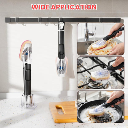 Soap Dispensing Replacement Dish Brush Storage Set with 10 PCS Sponge Refills & Holder - RIMAY Dispenser Scrub Cleaning Scrubber Kitchen Dishwashing Dish Wand Handle for Dishes/Pans/Pots/Sink(Yellow)