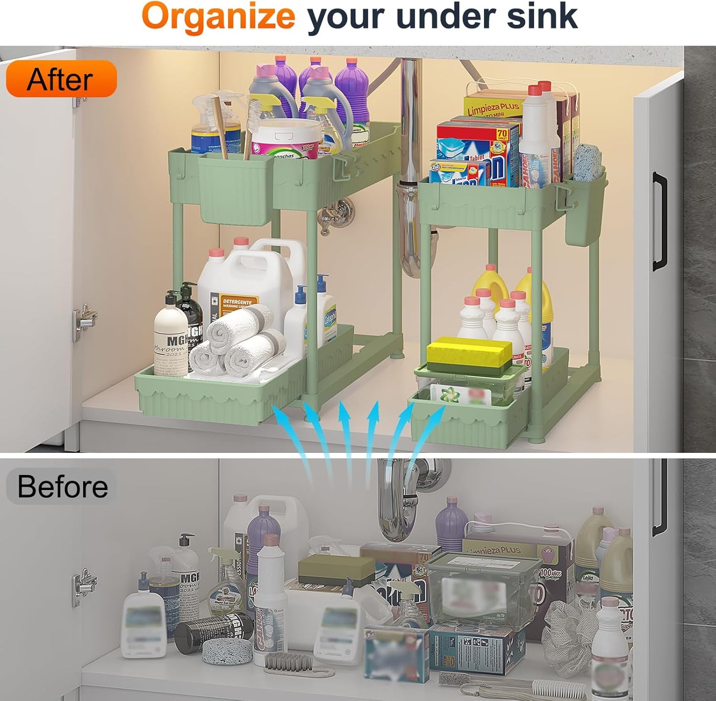 Sevenblue 4 Pack Under Sink Organizer, Bathroom Organizers and Storage, 2 Tier Multi-Use Pull Out Cabinet Organizer with Hang Hooks and Cups (Black, 4 Pack)