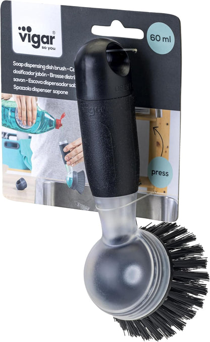 Vigar Rengo Soap Dispensing Dish Brush, Dish Brush with Soap Dispenser for Pot Scrubber, Dishes, Sink Cleaner, and Kitchen Essentials, Black