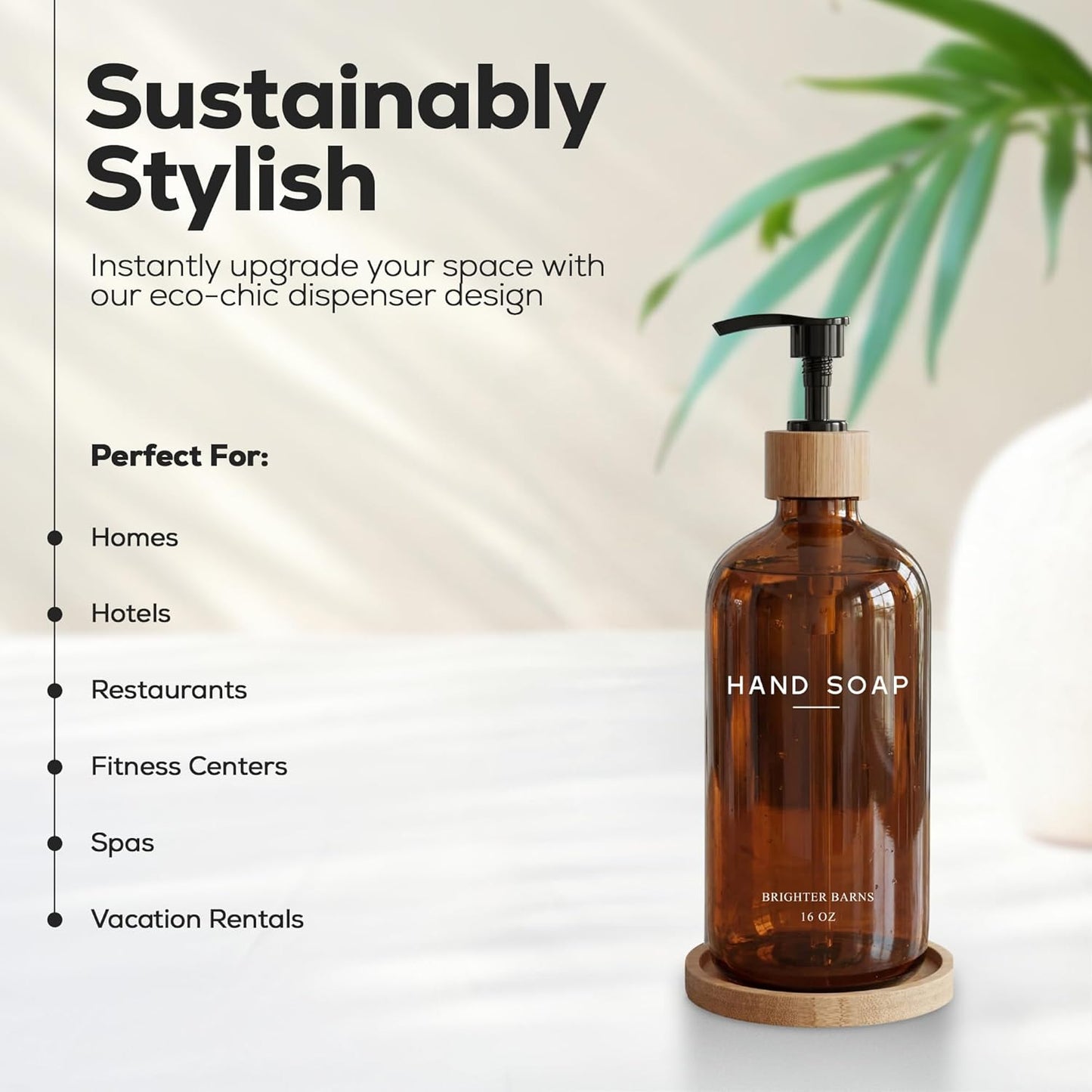 Clear Glass Dish Soap Dispenser by Brighter Barns - Kitchen Sink Set With Bamboo Tray - Modern Decor and Accessories, Minimalist Neutral Home (Clear)