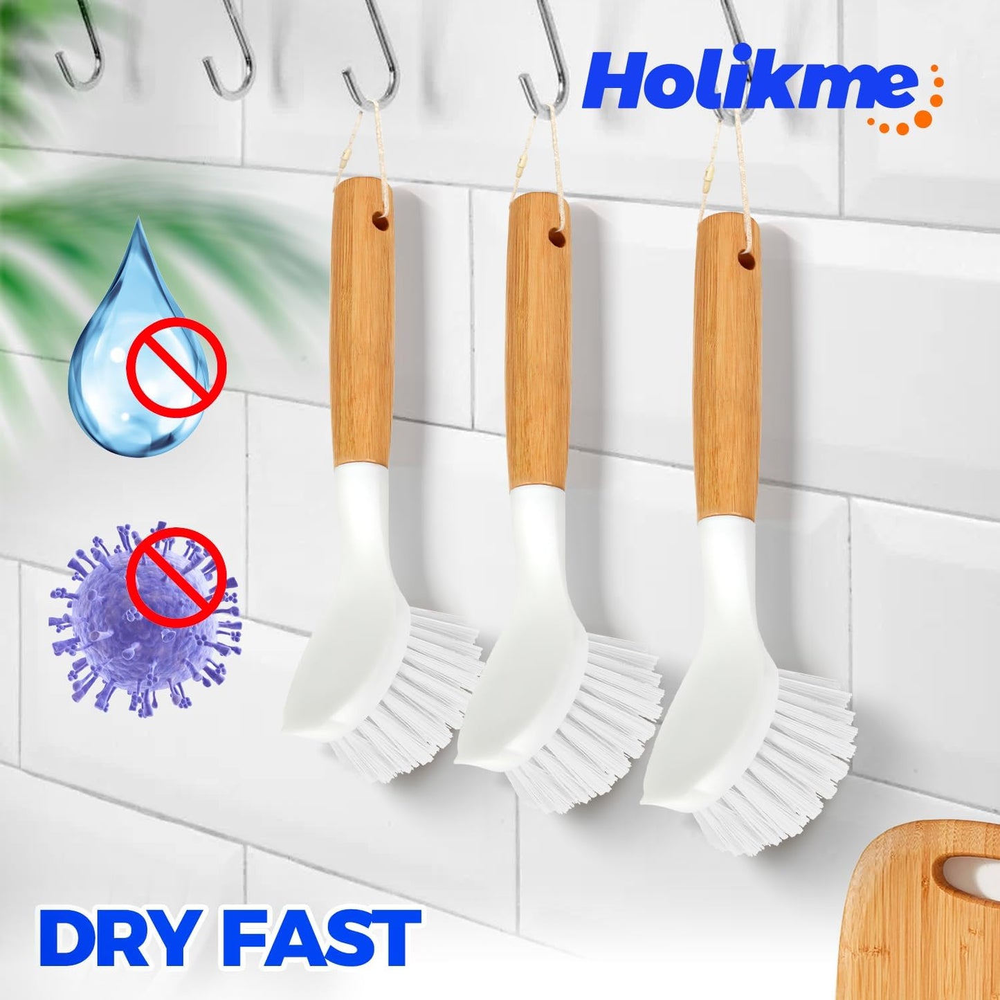 Holikme 3 Pack Dish Brush Set with Bamboo Handle, Kitchen Brushes for Cleaning Pot, Sink and Stove, Skillet Scrubber with Tough Bristles for Cast Iron Grill Pan, Yellow White Black