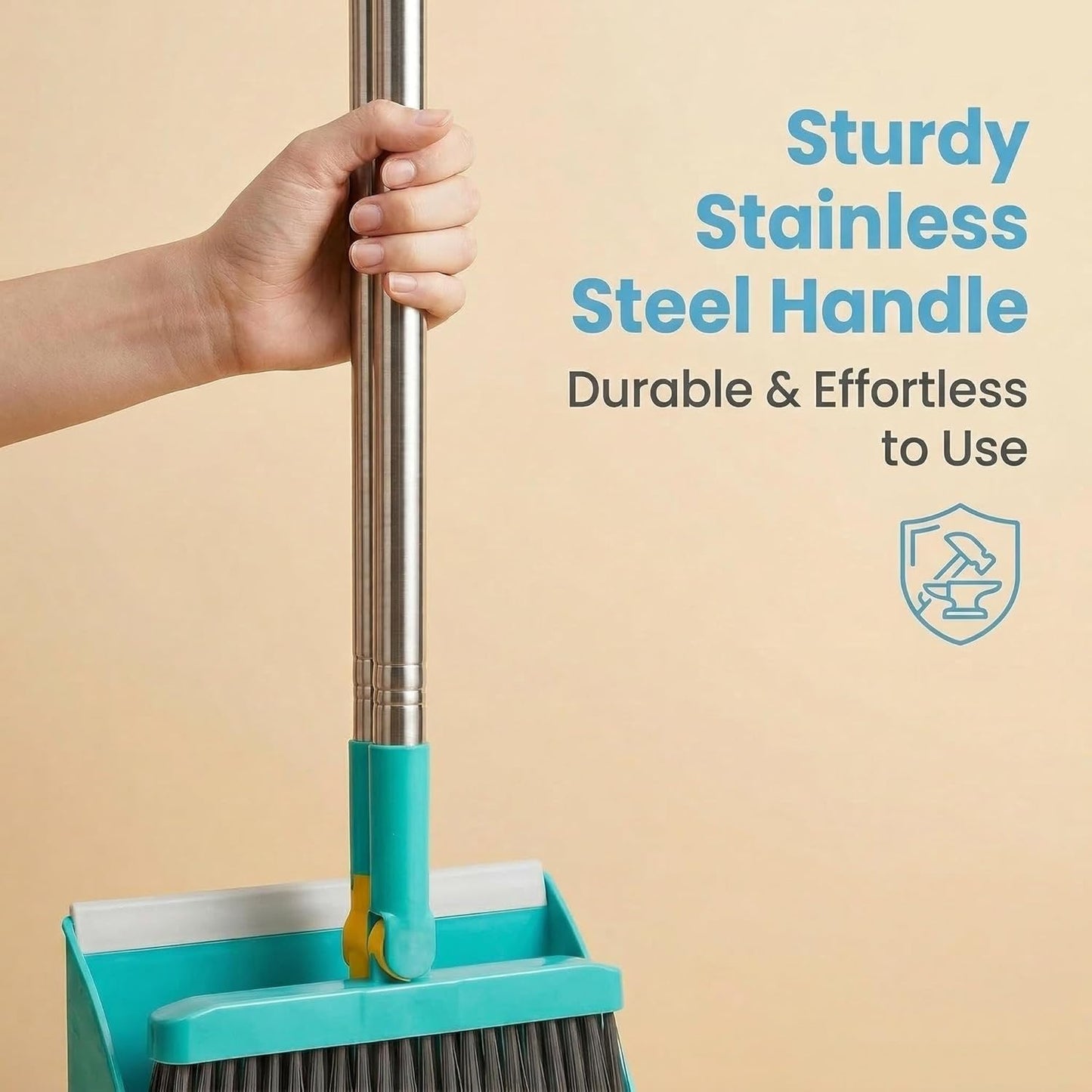 2-in-1 Broom with Dustpan Combo Set,Long Handle Broom Dustpan Combo with Dustpan Teeth to Automatically Clean Hair for Home, Indoor or Outdoor Cleaning Hall Floor (Gray)