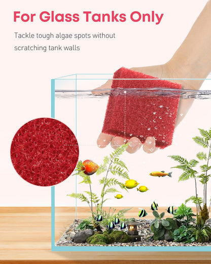 Pawfly 8 Pack Aquarium Glass Cleaner Sponge, 3.25" x 3.25" x 1", Algae Scrubber Pad for Glass Aquariums, Fish Tank Glass Cleaner, Aquarium Sponge, Aquarium Cleaning Tools, Red (Not for Acrylic Tank)