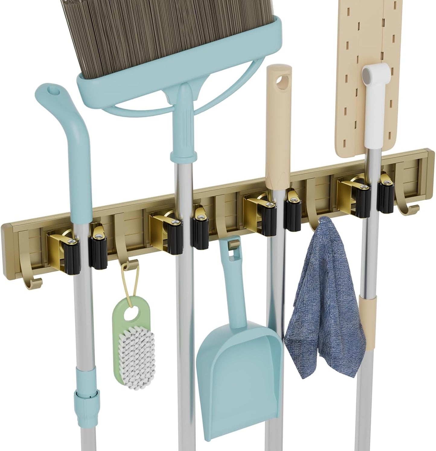 reliahom Adjustable Broom Holder Wall Mount, Mop Storage Tool Racks, Broom Hanger Tool Organizer for Garage, Kitchen, Garden, Laundry Room, 4 Racks 5 Hooks Silver