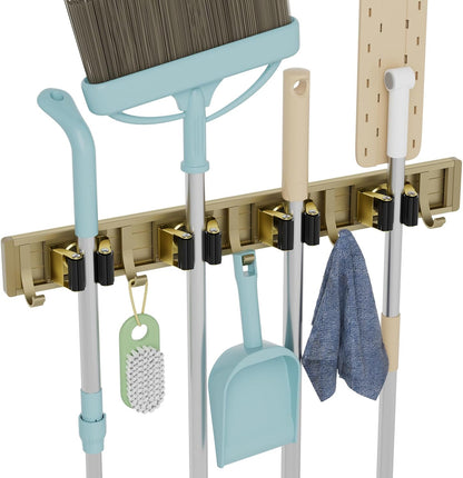 reliahom Adjustable Broom Holder Wall Mount, Mop Storage Tool Racks, Broom Hanger Tool Organizer for Garage, Kitchen, Garden, Laundry Room, 4 Racks 5 Hooks Silver