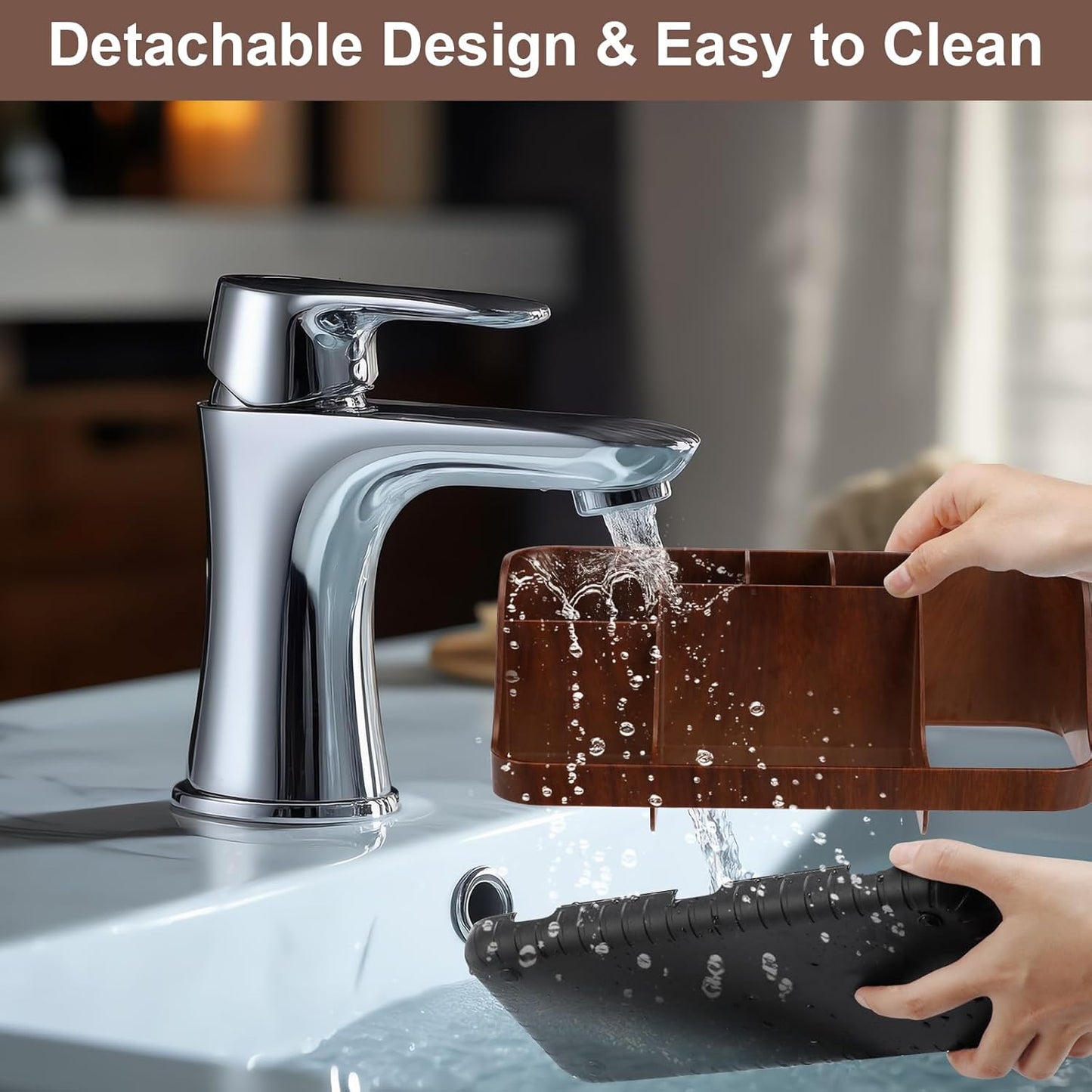 GFWARE Wood Toothbrush Holders for Bathrooms Countertop Organizer - Detachable 7 Slots Kid Bathroom Decor and Accessories, Wooden Bathroom Sink Storage Organization, Caddy, Tray, Brown