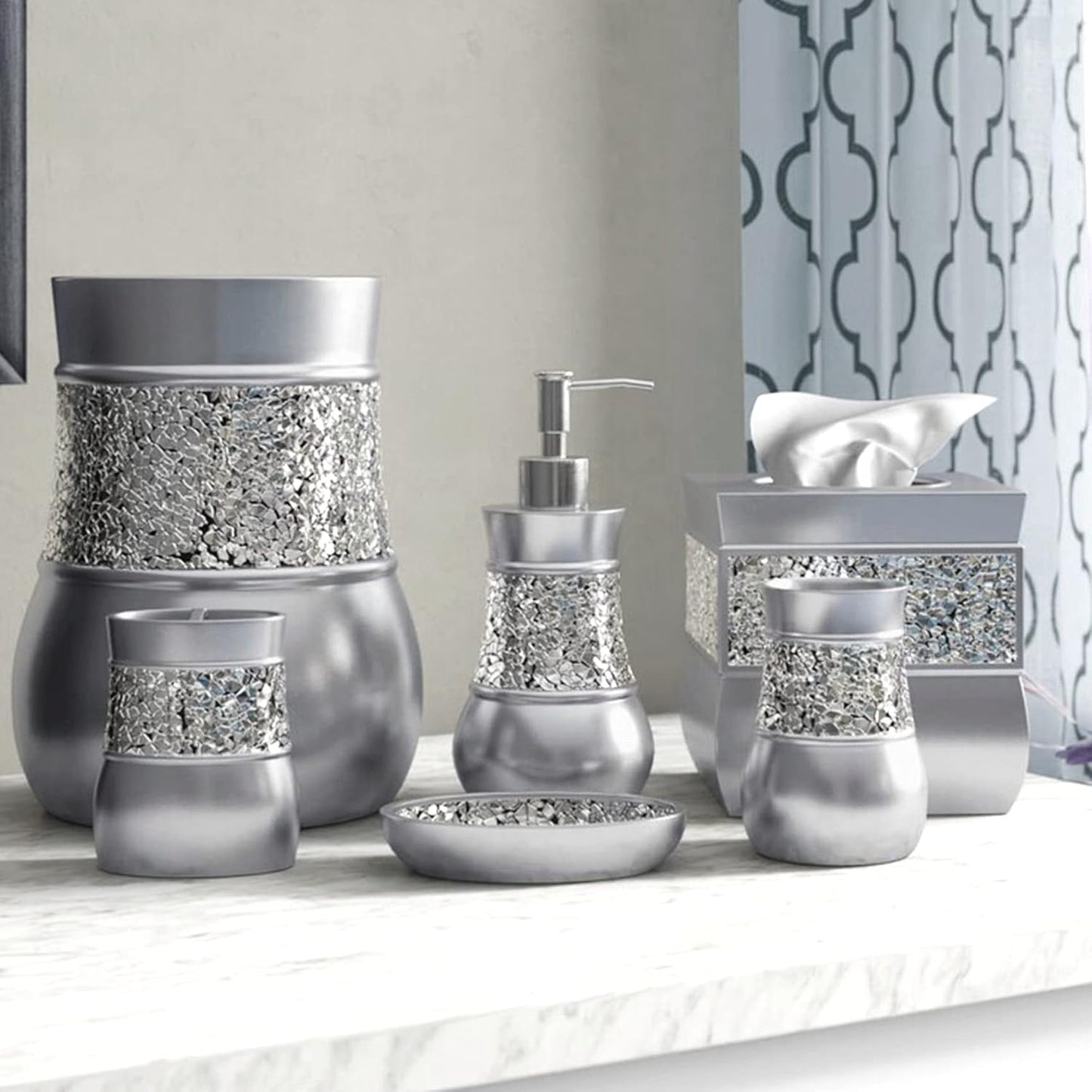 Creative Scents Crackled Glass Toilet Brush with Holder - Silver Toilet Bowl Cleaner Brush and Holder - Good Grip, Deep Cleaning, Decorative Design Compact Toilet Bowl Scrubber