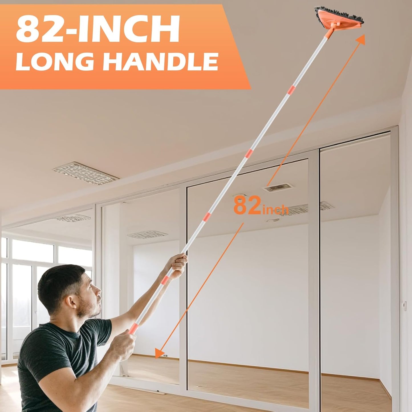 Wall Cleaner Triangle Mop with 82'' Long Handle - Wall Scrubber, Cleaning Washer Tool with 4 Microfiber Chenille Duster Pads for Clean Walls, Ceiling, Windows, Baseboards, Floors (Green, 4 Pads)