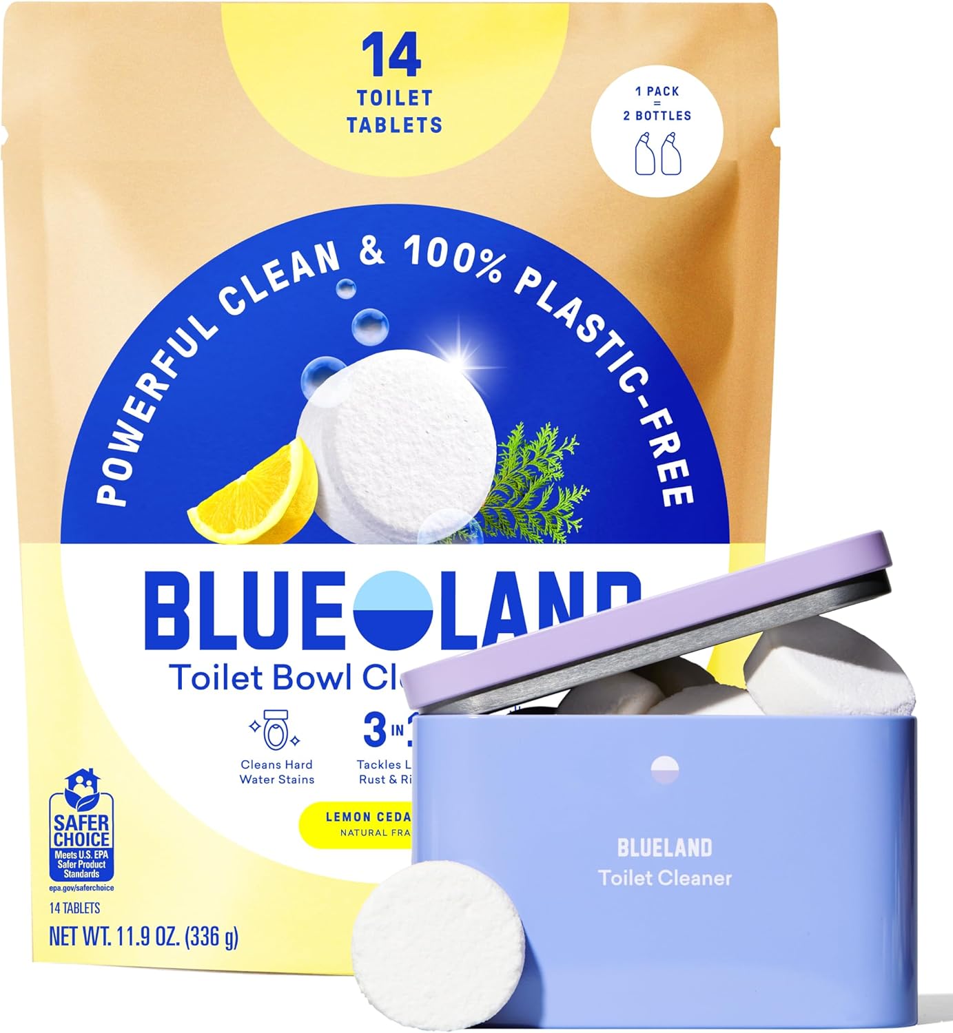 BLUELAND Toilet Bowl Cleaner Tablets, 2-Pack, 28 Count, Lemon Cedar, Plastic-Free, No Harsh Chemicals, Plant-Based