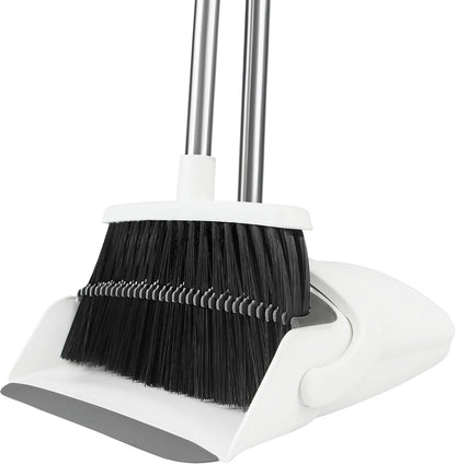 BSKLIN Broom and Dustpan Set, Broom with Dustpan Combo Set with Teeth to Clean Pet Hair 52-in Long Adjustable Handle Broom for Home Office Kitchen Lobby(White) (White)