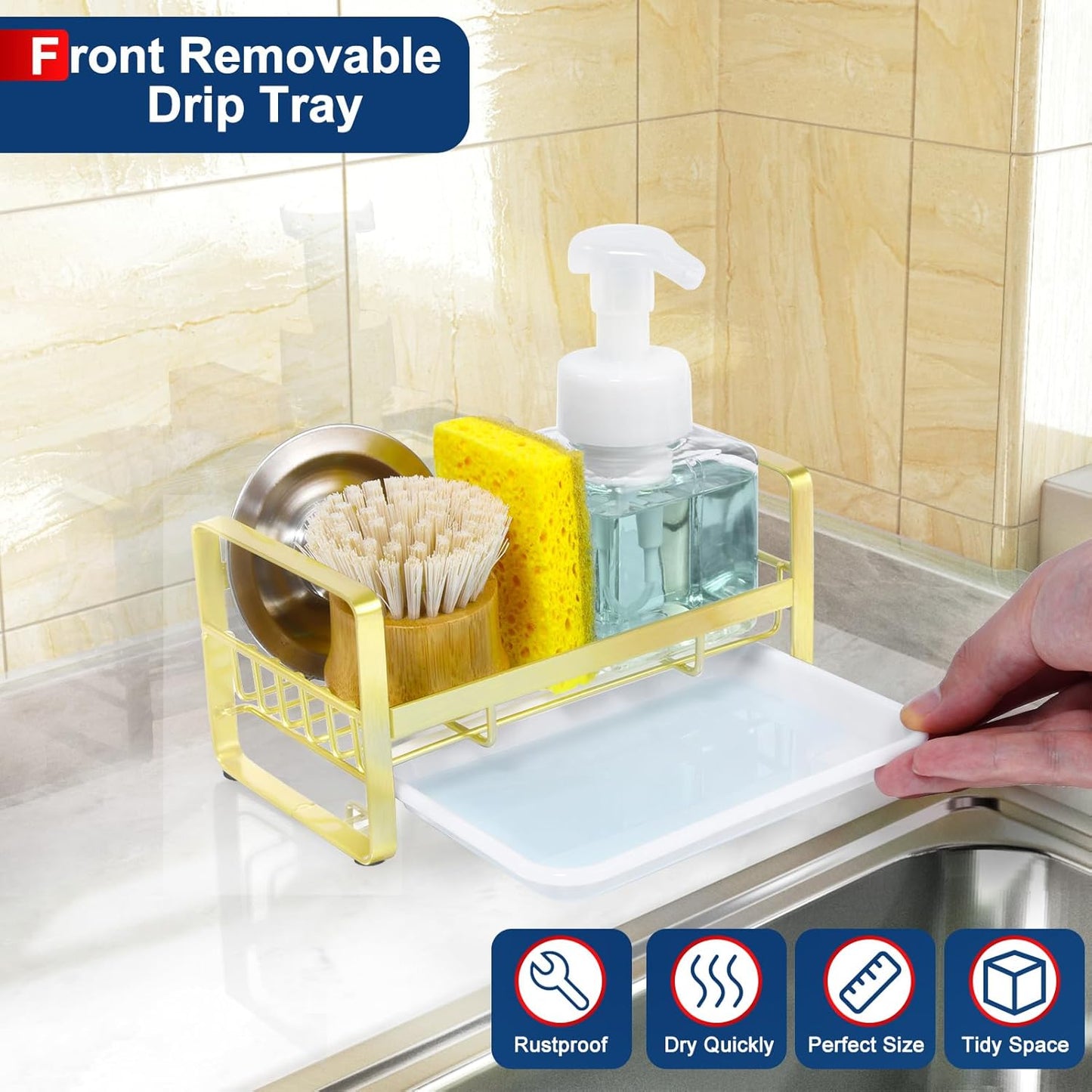 HULISEN Large Sponge Holder, 304 Stainless Steel Kitchen Soap Dispenser Caddy Organizer, Countertop Soap Dish Rack Drainer with Removable Drain Tray, not Including Dispenser and Brush, Silver