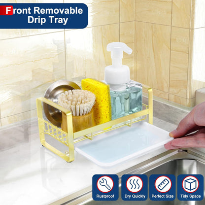 HULISEN Large Sponge Holder, 304 Stainless Steel Kitchen Soap Dispenser Caddy Organizer, Countertop Soap Dish Rack Drainer with Removable Drain Tray, not Including Dispenser and Brush, Silver