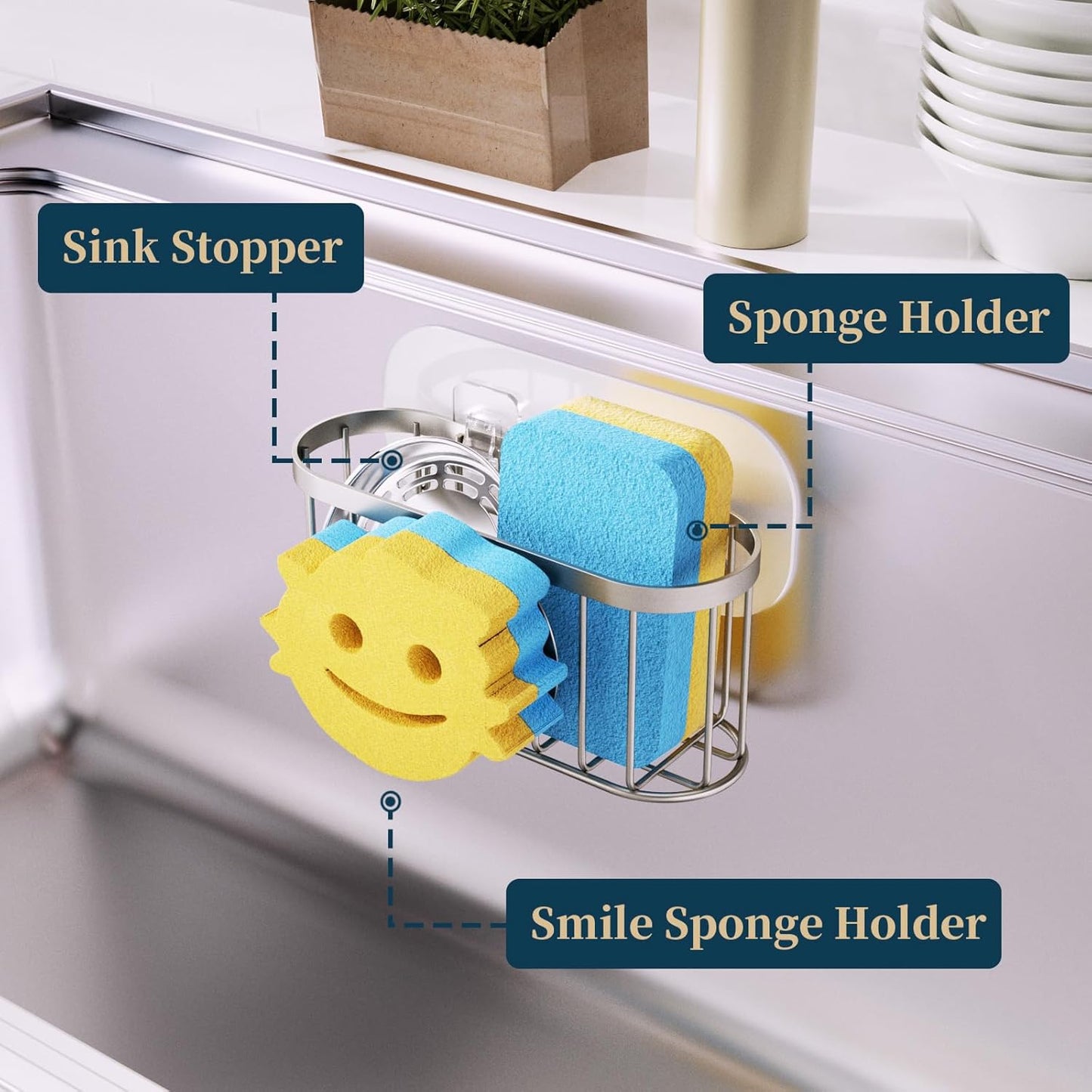 Consumest Sponge Holder Sink Caddy - Ladder Shaped Sponge Holder for Kitchen Sink with 2 Installation Ways (Suction Cups & Adhesive Hook), Rustproof Stainless Steel Kitchen Organizer, Silver