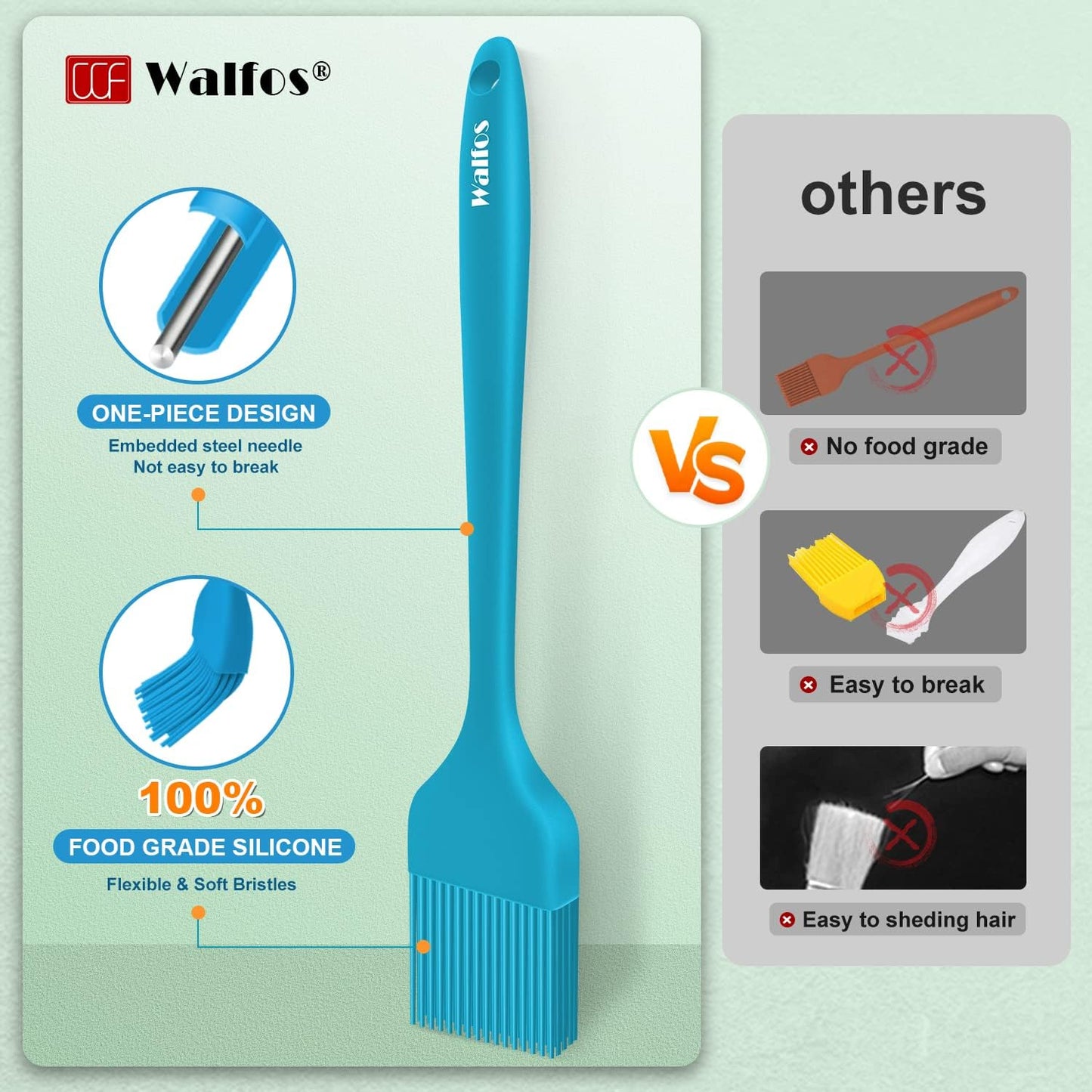 Walfos Silicone Basting Pastry Brush, Heat Resistant Pastry Brush Set, Strong Steel Core and One-Pieces Design, Perfect for BBQ Grill Baking Kitchen Cooking, BPA Free and Dishwasher Safe, 2 Pcs (Blue)