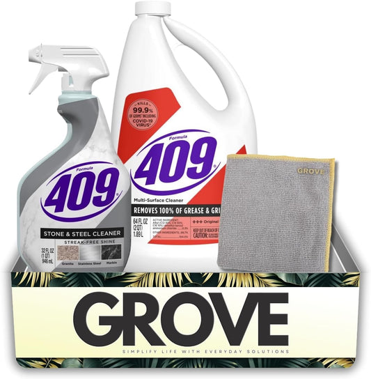 Formula 409 Stone/Steel Cleaner 32 oz Spray and Formula 409 Original Scent Multi-Surface Cleaner Liquid 64 oz Bundle with Microfiber Auto Cleaning Cloth – Stone and Countertop Care Gift Set (3 Items)