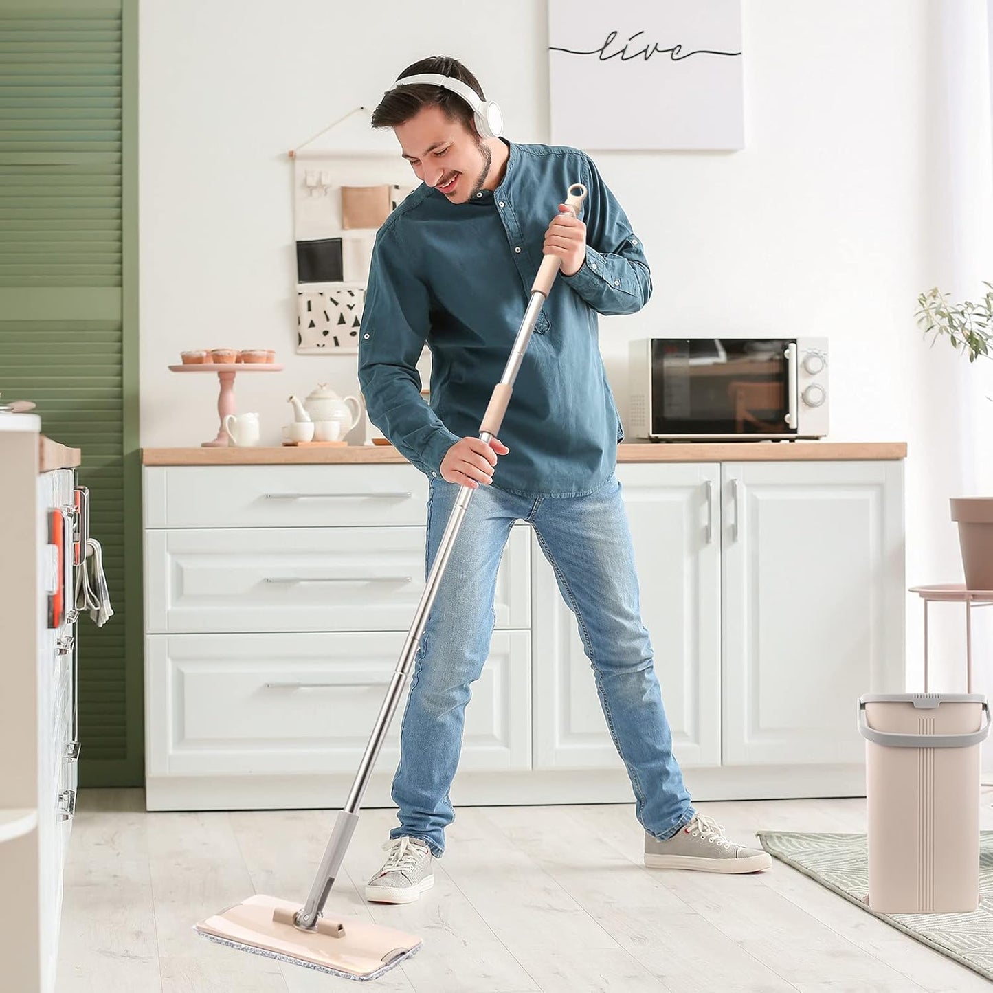 Squeeze Mop and Bucket Set with 4 Microfiber Mop Pads for Floor Cleaning, Flat Mop and Bucket with Wringer Set, Wall and Baseboard Cleanering Mop with a Holder