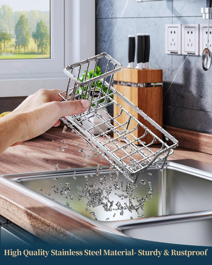 Consumest Sink Caddy, Kitchen Sponge Holder with Dish Brush Holder, Kitchen Organizer with Drip Tray for Countertop, Stainless Steel Rustproof - Silver