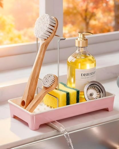 Minimalist Sink Caddy, Rustproof Sponge Holder for Kitchen Sink with 304 Stainless-Steel Brush Holder, Countertop Rack Organizer with Raised Ridges & Silicone Drain Tube (Mint Green, Large)