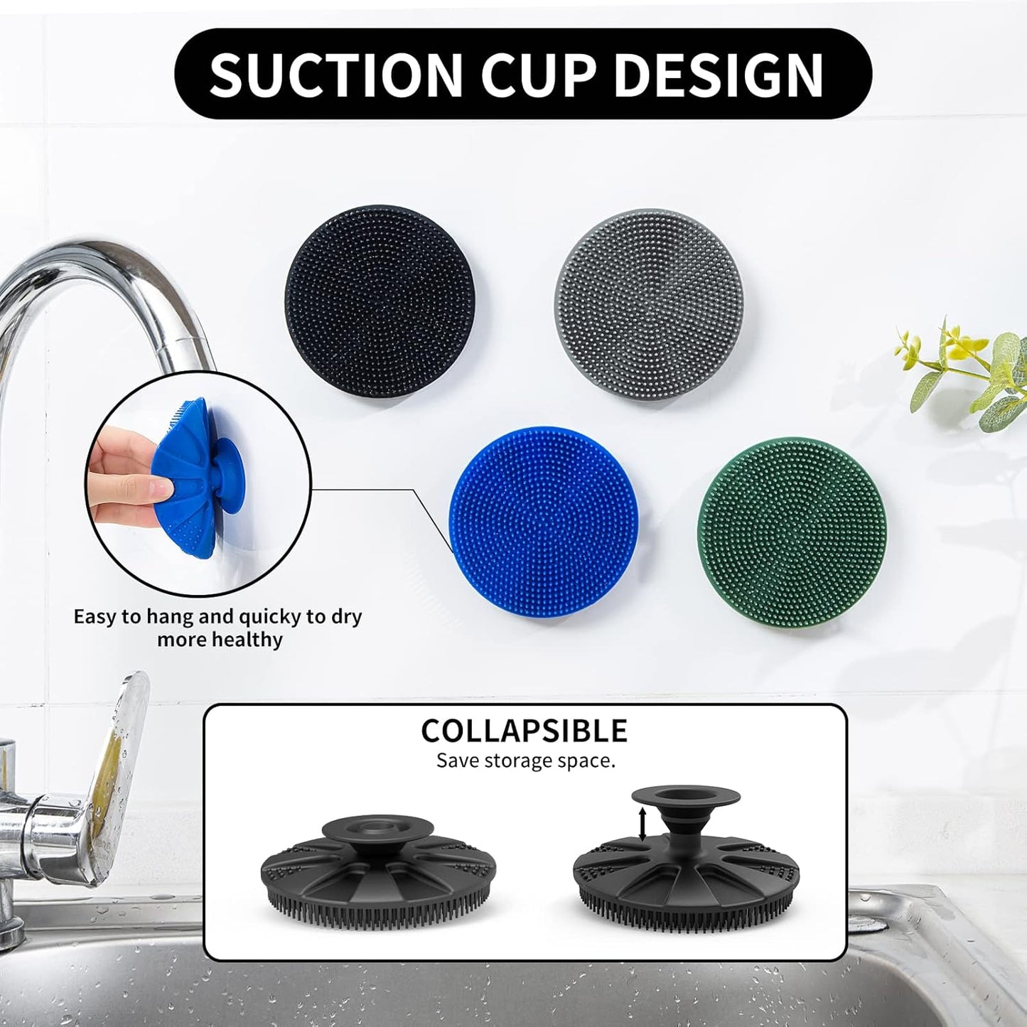 Silicone Sponge, BEAUTAIL Non-Scratch Scrub Sponges for Washing Dishes, Kitchen Fruit Vegetable Cleaning Brush, Long Lasting and Reusable Dishwashing Scrubber, Suction Up Hang Designed, 1 Pack, Gray