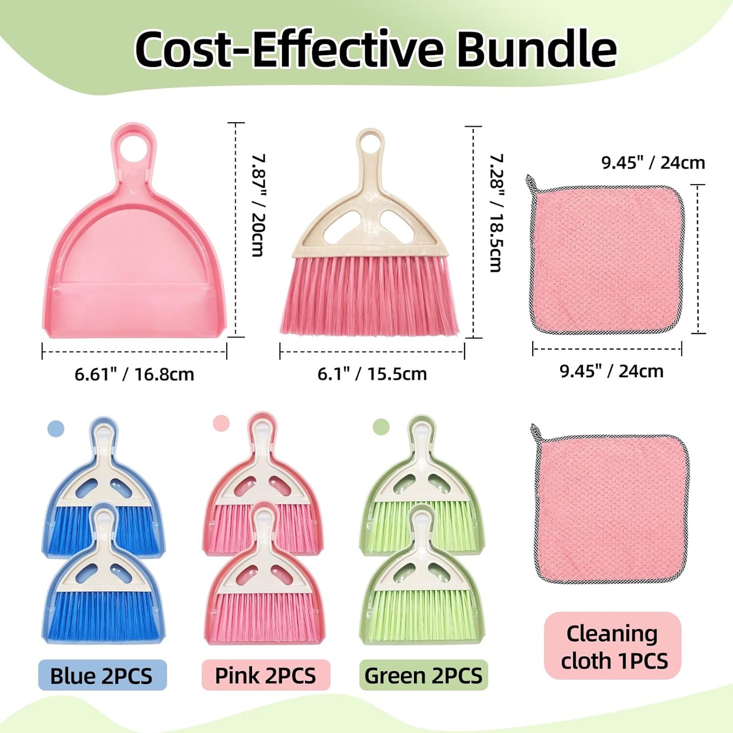 6Pcs Small Dust Pan and Brush Set with Cleaning Cloth - Blue & Green & Pink Brooms, Mini Hand Broom and Dustpan Set Whisk Dustpan Brush Kid Broom for Table Desk Car Keyboard