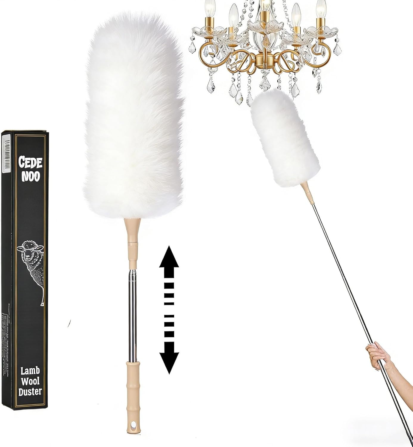 Cedenoo Lambswool Duster Extendable 22–55 Inch Natural Wool Duster with Flexible Head for Ceilings Furniture Blinds Electronics Washable Reusable