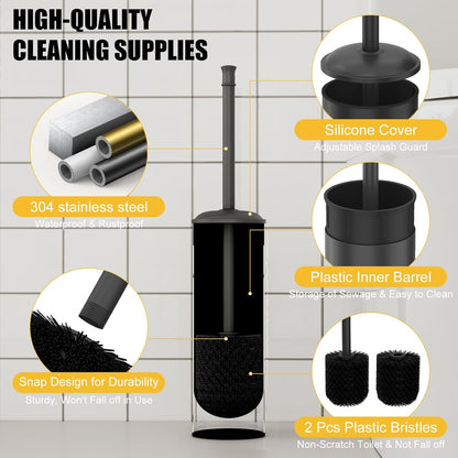 BESy Toilet Brush and Holder, Toilet Cleaner Bowl Set with Two Brush with Extra Long Handle, Durable Bristles Toilet Scrubber and Covered Holder, Drip-Proof Stainless Steel Oil Rubbed Bronze