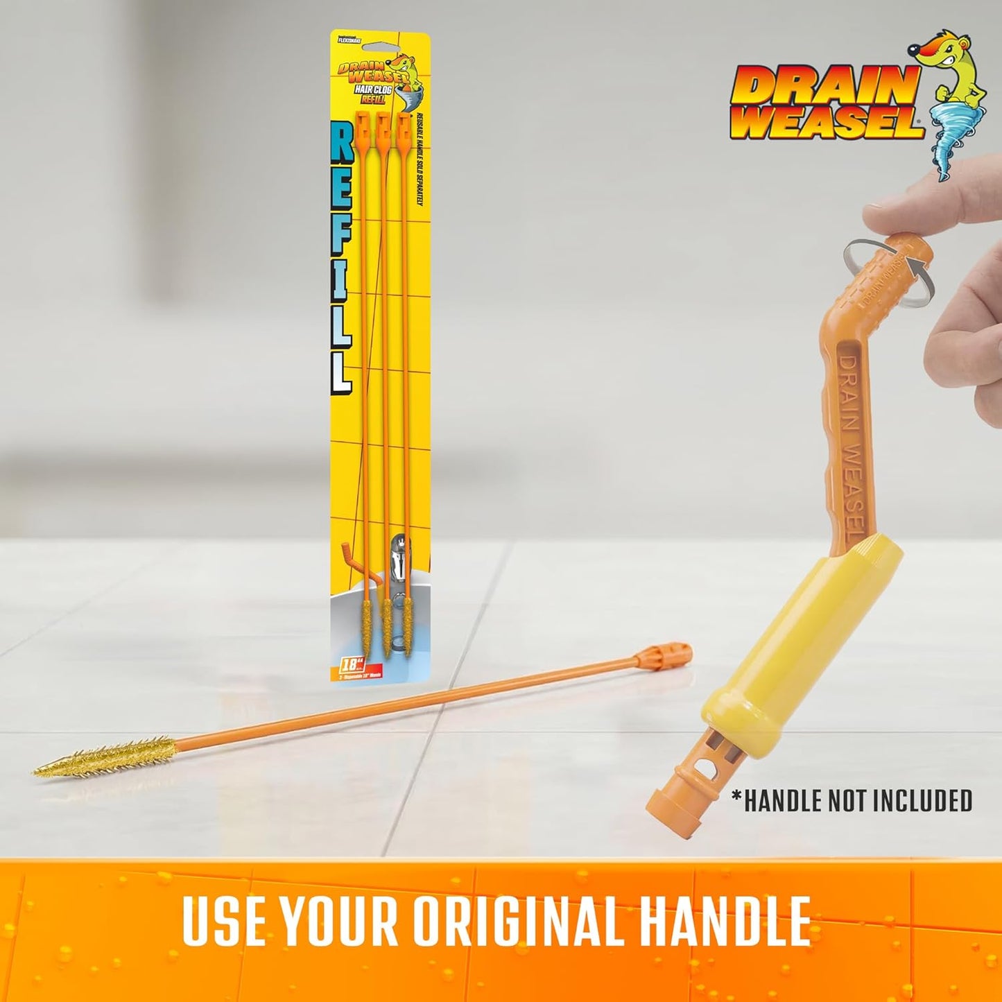FlexiSnake Drain Weasel Refill - Sink Snake Hair Clog Remover Tool, Sink, Pipe, Bathroom, Bathtub Drain Cleaner, 18-inch Long Flexible Disposable Wands, Made in The USA, 5 Pack